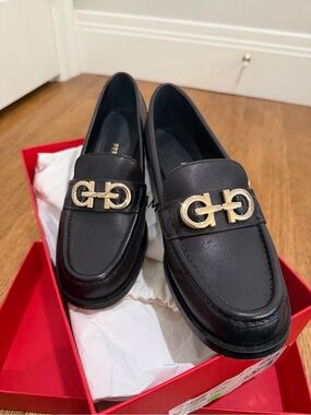 Salvatore Ferragamo Ofelia Black Leather Loafers with Gold Gancini Hardware